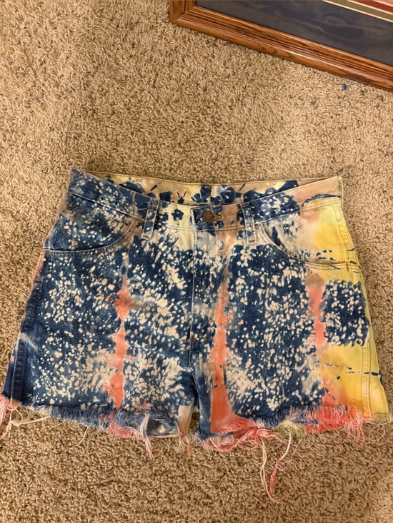 Rustler Pants - Vintage Tie-Dye Bleached Denim Cutoff Shorts - Blue, Pink, Yellow